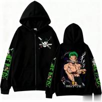 Rudens mados gatvės apranga „One Piece Zoro Anime“ gobtuvas vyrams ir moterims su užtrauktuku, grafinis spausdintas ilgomis rankovėmis, laisvalaikio hiphopo megztinis XS juoda