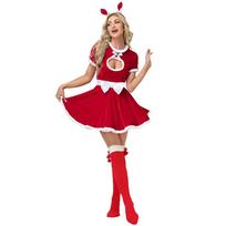 Kalėdinės Xmas moteriškos triušio ausų bunny suknelės kojinės suaugusiems Naujųjų Metų vakarėliui Helovino vaidmenų žaidimui persirengimo Cosplay kostiumas S raudona