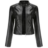 Moteriška dirbtinės odos striukė su užtrauktuku apkarpyta Motociklo trumpas PU Moto Biker Outwear Prigludęs plonas paltas su kišenėmis Stilingas kniedės Punk Rock Fashion Blazer S juoda
