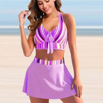 Moteriškas „Halter Bikini Tankini“ maudymosi kostiumėlis, žydintis dryžuotas maudymosi kostiumėlis S violetinė