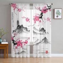 Japoniškas peizažas su Sakura permatomo lango užuolaidos svetainei miegamojo Voile tiulio užuolaidos Audinio užuolaidos virtuvei 135W x 114H(cm)