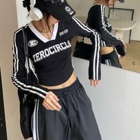 Vintažiniai Y2k marškinėliai ilgomis rankovėmis Moteriški Stripe Kpop Crop Top Korėjos mados Streetwear Ploni estetiški juodi marškinėliai Ruduo S juoda