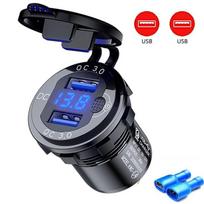 Aliuminio USB C automobilinio įkroviklio lizdas 12v / 24v 63w USB lizdas Pd tipas C & Qc 3.0 Automobilinis dvigubas USB prievadas su LED jungikliu automobilio motociklui Dual USB mėlyna