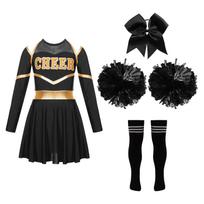 „Cheer Leader“ Helovino kostiumas mergaitėms, suknelės ilgomis rankovėmis su „pom poms“, skirtas linksminti šokiams 5-6 Years juoda