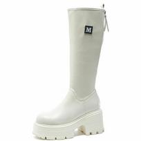 Fashion 9CM Microfiber Leather Women High Brand Casual Ankle Knee High Boots Platform Wedge Pumps Heels Autumn Fashion Shoes ZIP Shoes 34 smėlis