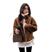 Fur One-piece Lamb Wool Coat Women's Suede Vintage Motorcycle Jacket Fur Coat M black