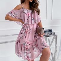 Moteriška pavasario/vasaros nauja europietiško ir amerikietiško šifono marginimo seksuali suknelė, surišta per petį, didelė, siūbuojanti raukšlėta briauna XXL rožinė