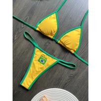 Seksualus Siuvinėjimas Brazilijos Vėliava Kontrastingas Skeltas Bikini Komplektas Moteriški Maudymosi Kostiumai Patchwork Maudymosi Kostiumas Karštas Apranga Vasaros Paplūdimio Apranga S