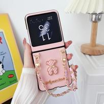 Tinklelės rašto avikailio mielas mažas lokiukas riešo dirželis PU odos telefono dėklas, skirtas Motorola Razr 60 Pro 50 40 Ultra, atsparus smūgiams dangtelis Motorola Razr40Ultra rožinė