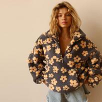 Fleece Hoodie Moteriškas Gėlių Rašto Šiltas Avies Vilnos Aukšta Apykakle Su Užtrauktuku Hoodie Laisvas Minkštas Megztinis Ruduo/Žiema 2025 S geltona