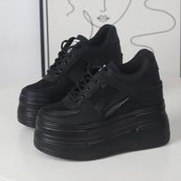 Mada 12CM Natūralios Odos Platforminiai Sportbačiai Pleišto Batai Moterims Kvėpuojantys Sportbačiai Kasdieniai Batai Paslėptas Kulnas Zapatillas Mujer 34 juoda