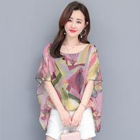 Women's  Printing Chiffon Blouse Summer  Short Sleeve  Shirt XXL rožinė