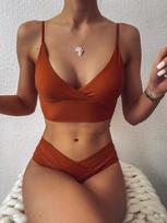 Moteriškas maudymosi kostiumėlis Seksualus vienspalvis V formos kaklo bikini suskirstytas maudymosi kostiumėlis kryžius M raudona