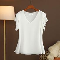 Vasaros didesnio dydžio moteriški laisvi visų rungtynių trumpomis rankovėmis V formos kaklo šifono palaidinė, moteriški marškinėliai 6XL balta