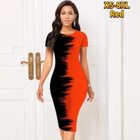 Slim Short Sleeve Knee-length Dress Fashion Women Midi 3D Waterfall Print Dress 4XL raudona