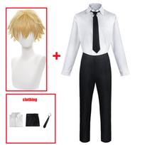 Anime grandininio pjūklo vyriškas Denji Cosplay kostiumas, juodas kostiumas, laisvalaikio uniforma Velnio medžiotojas Helovino karnavaliniai vakarėlio drabužiai L-(Suit+Wig) balta