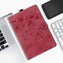 Palangės katės ir vyšnių žiedų raštas Reljefinis Procesas Dizainas Odinis planšetinių kompiuterių dėklas, skirtas iPad/Samsung Tab/Amazon/Lenovo/Xiaomi Amazon ‎Kindle 11th 2022 raudona