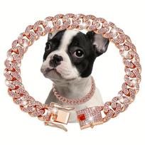 1pcs dog chain collar diamond Cuban chain dog collar 13mm wide dog necklace metal cat chain pet crystal collar jewelry accessories suitable pet s rožinė raudona spalva