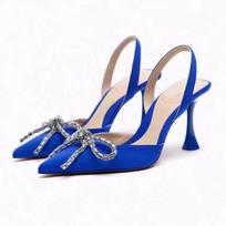 Madingi Cirkonio Kaspinai Prekių ženklų Dizainas Aukštakulniai Sandalai Moterims Šilkiniai Elegantiški Smailianosiai Moteriški Batai Siurbliai Madingi Violetiniai Oficialūs Batai 35 mėlyna