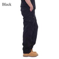 Cotton Cargo Pants Vyriškos laisvalaikio kelnės elastingas juosmuo Didelio dydžio kelnės kelių kišenių kelnės Madingos statybinės kelnės M juoda
