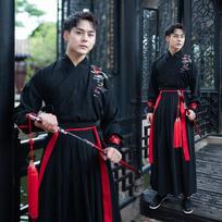 Didelio dydžio 4XL Hanfu vyrų kostiumas, kinų tradicinis senovės Hanfu juodi ir raudoni marškinėliai + sijonas + striukė, komplektai XL