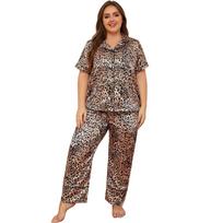 Moteriški miegamieji kostiumai, šilko imitacija, plius dydis, trumpomis rankovėmis, trumpomis rankovėmis ir ilgomis kelnėmis, beicuota leopardo pižama, vasara, ruduo, namų naktinis poilsio drabužiai 1XL auksinė