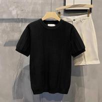 Vyriški megzti marškinėliai trumpomis rankovėmis Sunkiasvoriai Vasaros Slim Fit Kasdieniai dryžuoti marškinėliai Trikotažo rankovėmis Korėjos tendencija, aukšta elastinga M juoda