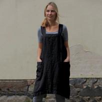 Moteriška medvilninė ir lininė prijuostė, namų drabužiai, laisva ilga suknelė S juoda
