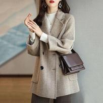 Suit Collar Temperament Woolen New Herringbone Coat Loose and Thin Jacket Versatile Small Top M chaki