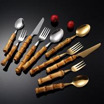 Retro bambukinė rankena 304 nerūdijančio plieno stalo įrankių rinkinys - Peilis, Šakutė ir Šaukštas Silver Knife