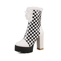 Black White Plaid Ankle Boots Women's with Fur Winter Platform Shoes Mixed Colours Chunky Heels Footwear 34