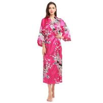 Moteriški šilko satino kimono chalatai, ilgi naktiniai drabužiai, chalatai, gėlių rašto, povo rašto, vakarėlių vestuvių pamergių chalatas XL ryškiai rožinė