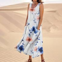 Women's Summer Casual Fashion Flower Printed Sleeveless Pocket Dress L smėlis
