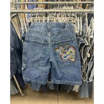 GLYDE Hip Hop Dragon Retro Denim Shorts Y2k Blue Wash Wide Leg Straight Work Pants Men Women Streetwear Jorts Clothing S