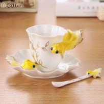 200 ml Creative Ceramic 3D Goldfish kavos puodelių rinkinys emaliuotas porcelianinis arbatos pieno puodelis Bone China puodeliai geltona