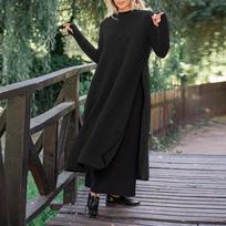 VONDA rudens moteriška šilta ilga suknelė megztinis su kaklu, šoniniu skeltuku ilgomis rankovėmis, vienspalvis laisvas, laisvas plius dydis M juoda