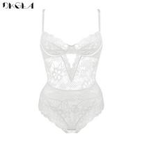 DKGEA moteriškas apatinis trikotažas Juodas Sexy Jumpsuit permatomas nėriniuotas Bodysuit 80B balta