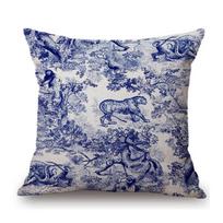 Prancūziškas Toile De Jouy Delft mėlynas flamingo paukščių tigro karališkojo kiemo raštas Elegantiškas dekoratyvinis sofos pagalvės užvalkalas, pagalvėlės užvalkalas 450mm*450mm