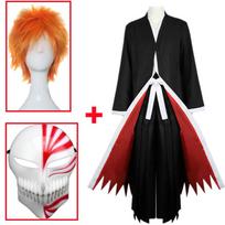 Anime Bleach Kurosaki Ichigo Cosplay Kostiumas Samurajaus Juodas Apsiaustas Chalatas Kimono Kelnių Rinkiniai Helovino Kalėdų Vakarėlio Drabužiai L-(Suit+Wig)