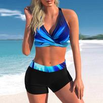 Moteriškas „Halter Bikini Tankini“ maudymosi kostiumėlis su alyva ant drobės S šviesiai mėlyna spalva