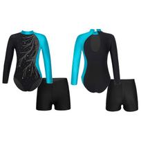 Vaikų mergaičių gimnastikos triko ilgomis rankovėmis su šortais, 2 dalių komplektai Apranga Sparkle Dance Unitards Biketards 5-6 Years mėlyna