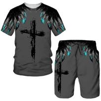 Senovinių šortų rinkinys 3D Jesus marškinėliai Vyriški laisvalaikio vyriški marškinėliai + šortų rinkiniai Vyriški sportiniai rinkiniai marškinėliai Vyriški aprangos komplektai 2 dalių 6XL