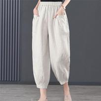 Vasaros laisvalaikio medvilninės lininės kelnės moterims retro kišenės laisvos haremo kelnės moterims tvirtos elastingos juosmens kelnės moterims M balta