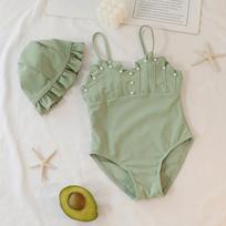Baby Girl Sling Swimwear Summer New Solid Pearl One Piece Swimsuit with Hat for Children Sleeveless Kids Clothes Girls 1-8 Years 12-24M(90)