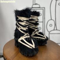 Cross Strap Fur Snow Boots 2025 Winter New Platform Wedges Knee-High Boots Lace-Up Large Size 46 Women/men Boots 33