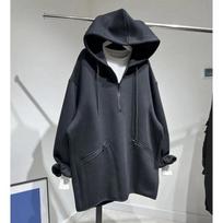 Oversize laisvas vidutinio ilgio džemperis su kišenėmis moterims, rudeniui, su pusiau užtrauktuku, su gobtuvu, laisvas, vienspalvis, įvelkamas L juoda