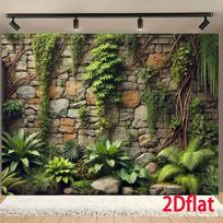 2D plane, 1pc lush ivy and stone wall polyester background - realistic green moss-covered rock design 100x150cm