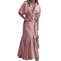 Women's Fashion Striped Collar Short Sleeve Button Pocket Strap Loose Long Shirt Dress L juoda