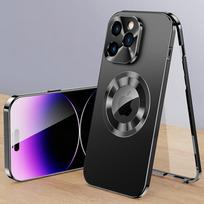 Prabangus metalinis magnetinis logotipo dėklas, skirtas iPhone 16 15 14 13 12 Pro Max Plus pilnas fotoaparato apsauginis apvalkalas, panašus į originalų dangtelį For iPhone 14 juoda