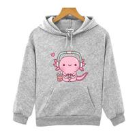 Mielas axolotlis žaidžiantis vaizdo žaidimus su gobtuvu Animacinis žaidėjas Juokingas spaudinys Megztinis Vaikų drabužiai Berniukų Mergaičių drabužiai Y2k Žiemos megztinis 120 pilka spalva
